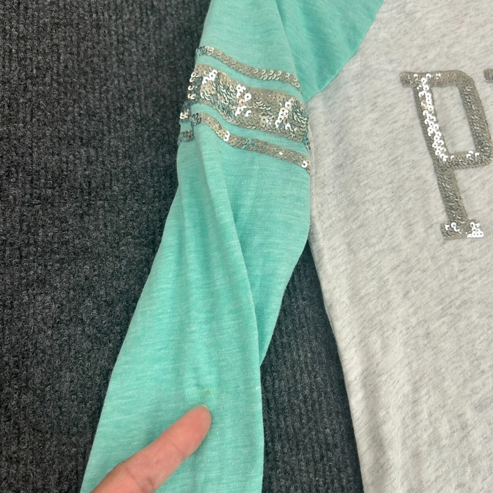 PINK Victoria's Secret Seafoam Bling Logo Women's XS Baseball 3/4 Sleeve Tee Y2K - Picture 3 of 11